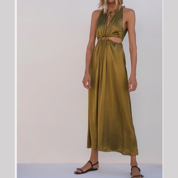 Zara Dresses & Skirts - Zara Olive Green Satin Maxi Dress with Cutout